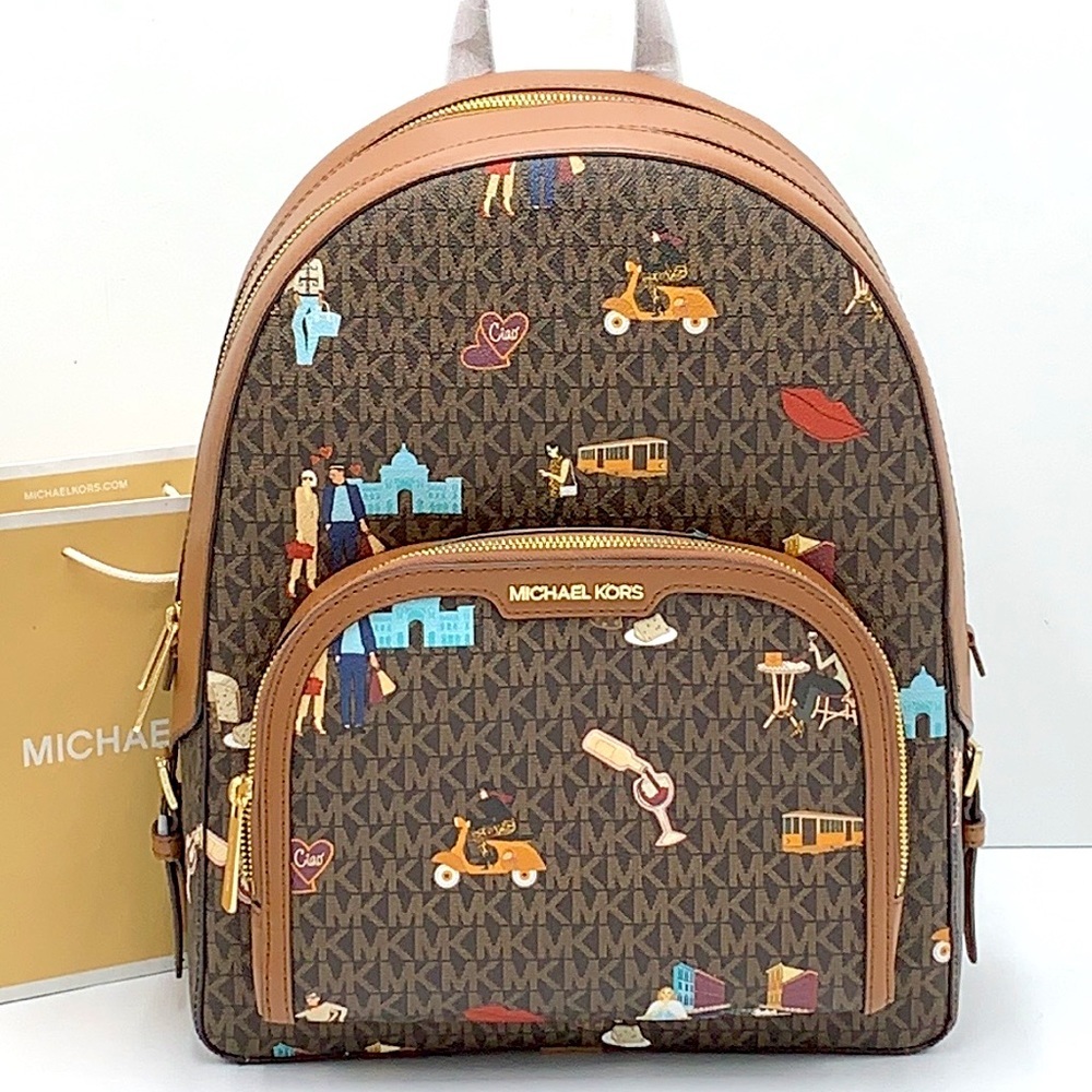 MICHAEL KORS JET SET GIRLS JAYCEE LARGE ZIP PACKED BACKPACK BROWN MULTI COLOR